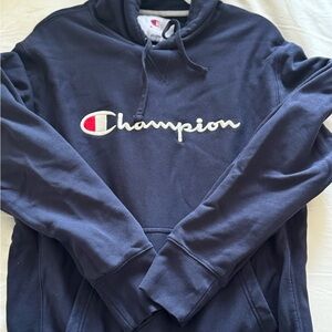 Champion Navy Script Logo Hoodie Pullover Sweatshirt Athletic Streetwear